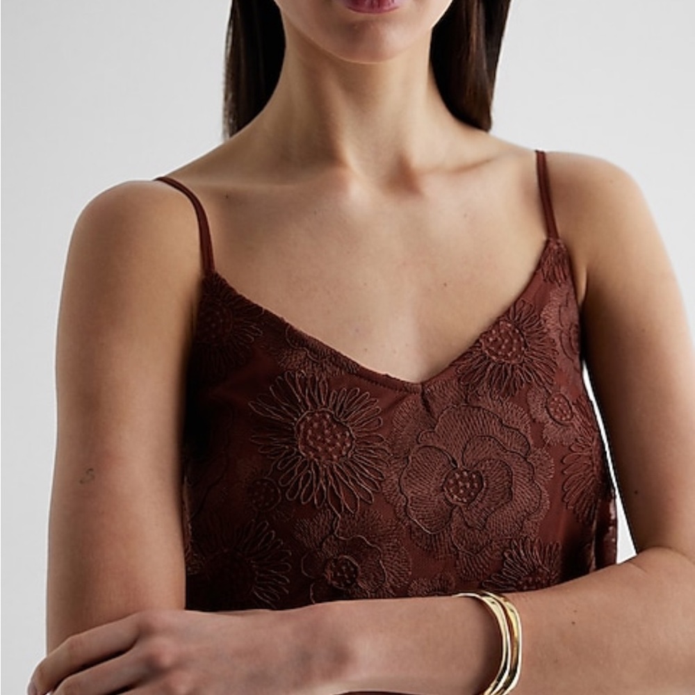 Express Embroidered Floral Mesh V-Neck Cami - Picture 2 of 9